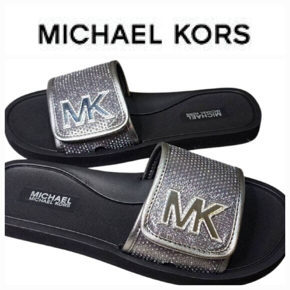 Michael Kors Rhinestone Embellished Logo Strappy Slide Sandals - Picture 1 of 9